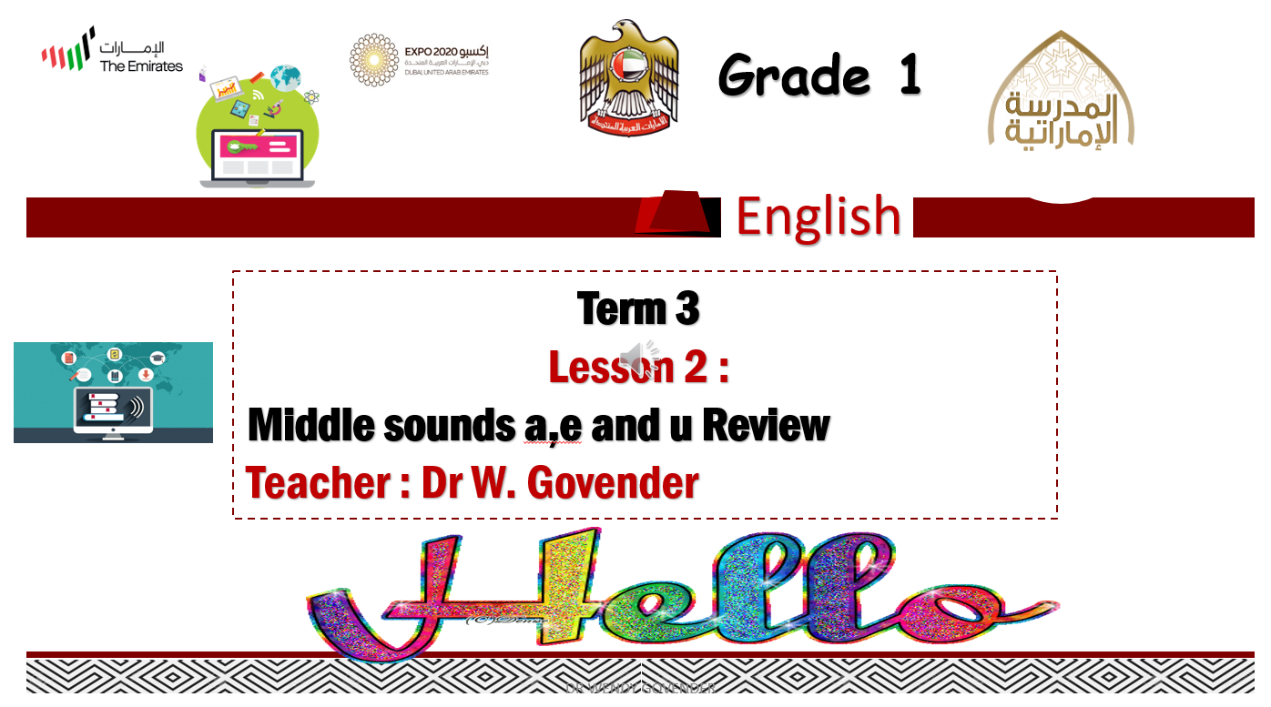 Middle sounds a,e and u Review الصف الاول مادة اللغة الانجليزية - بوربوينت 