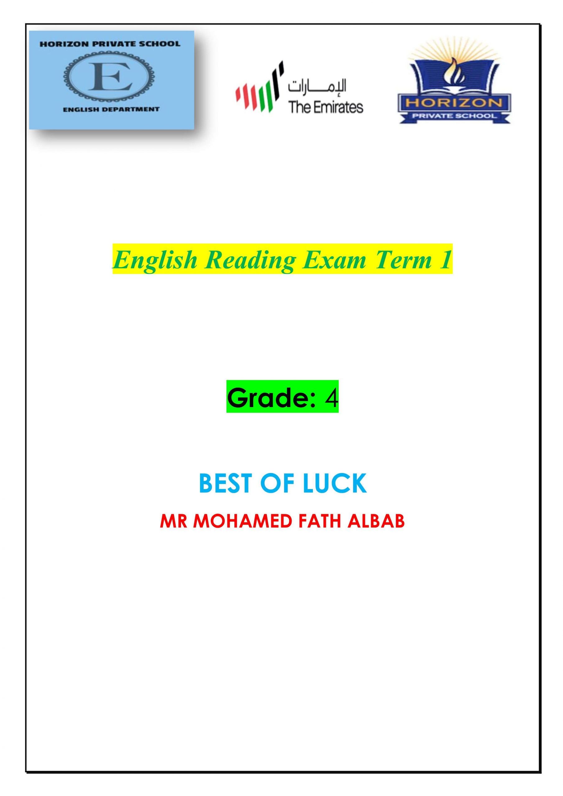 اوراق عمل Reading Exam Term 1 الصف الرابع مادة اللغة الانجليزية 