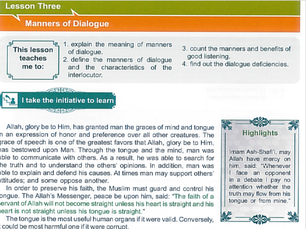 Manners of Dialogue لغير الناطقين باللغة العربية الصف الحادي عشر مادة التربية الاسلامية