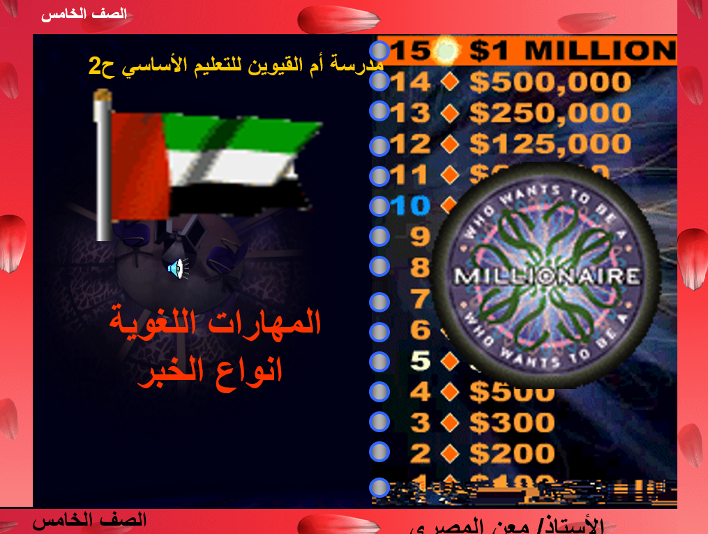 بوربوينت من سيربح المليون انواع الخبر للصف الخامس مادة اللغة العربية