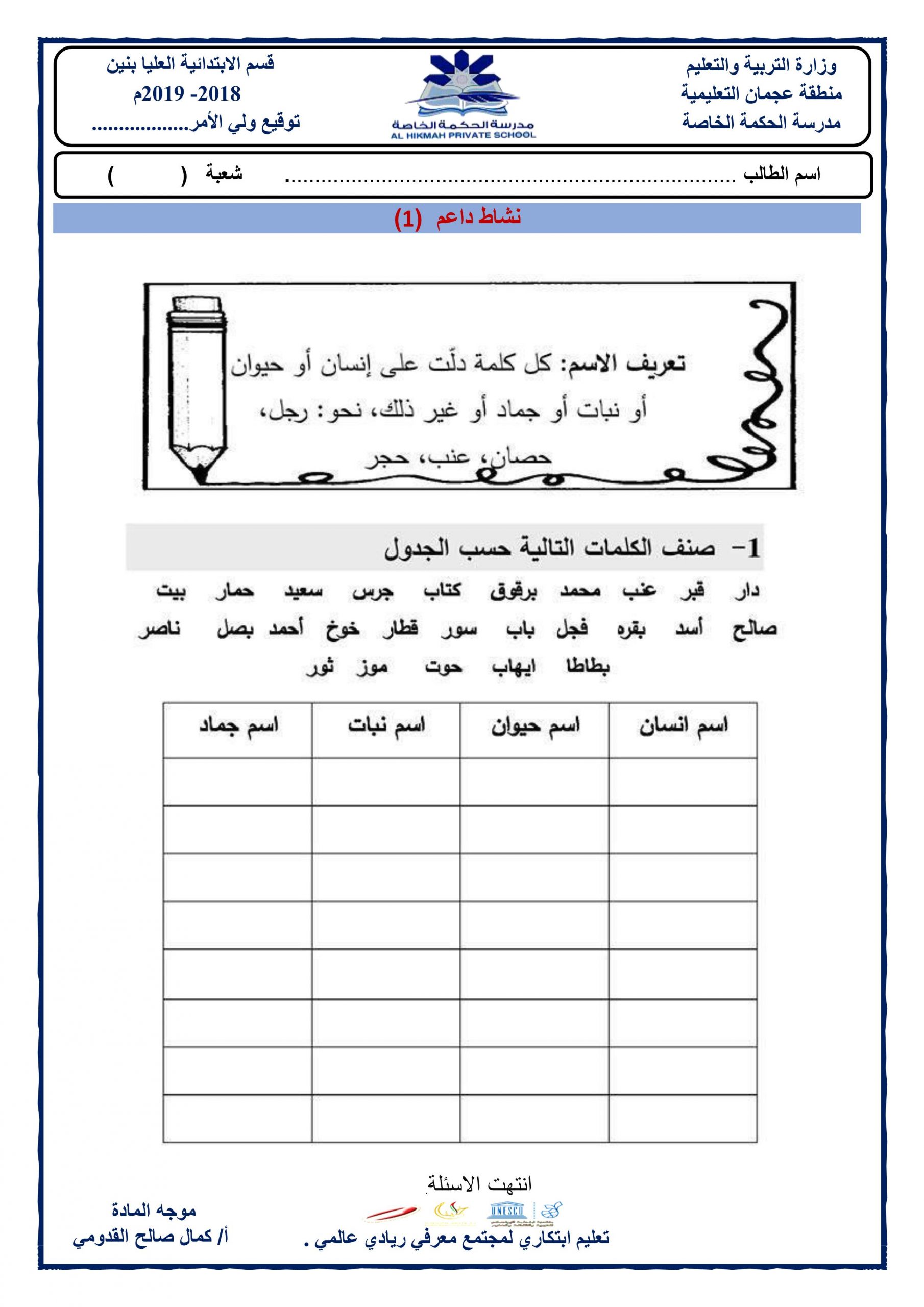 ورقة عمل نشاط داعم اقسام الكلام للصف الرابع مادة اللغة العربية ملفاتي