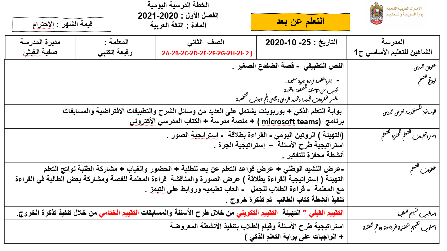بوربوينت الخطةالدرسية اليومية للصف الثاني مادة اللغة العربية 