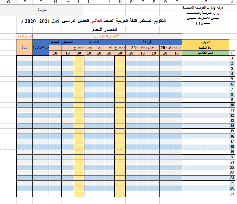 التقويم المستمر الفصل الدراسي الأول 2021 -2020 الصف العاشر مادة اللغة العربية