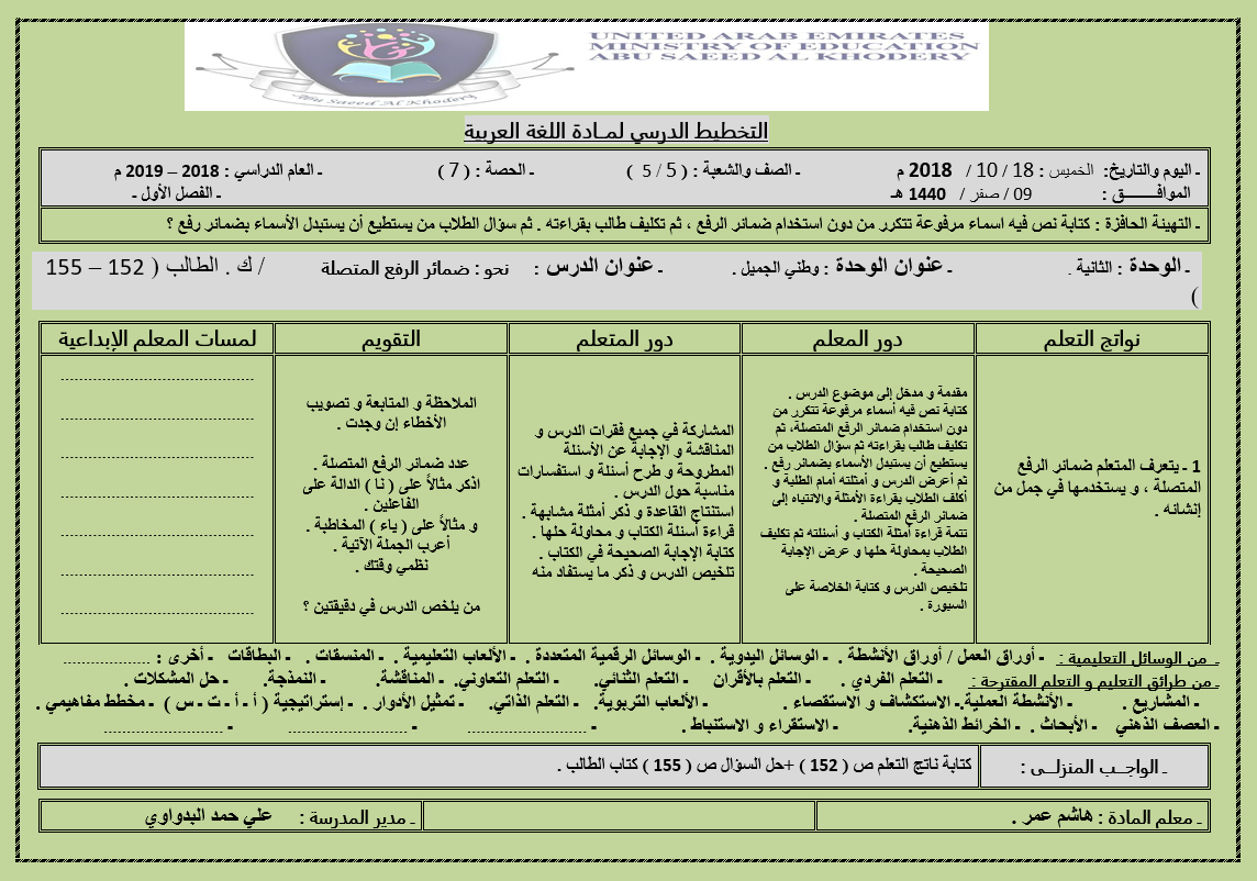 الخطة الدرسية اليومية درس ضمائر الرفع المتصلة للصف الخامس مادة اللغة العربية