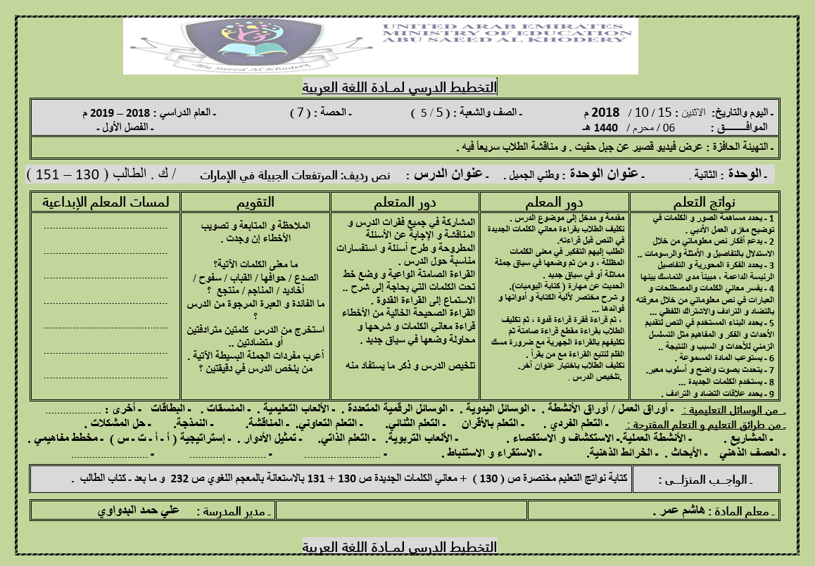 الخطة الدرسية اليومية درس المرتفعات الجبيلة في الامارات للصف الخامس مادة اللغة العربية