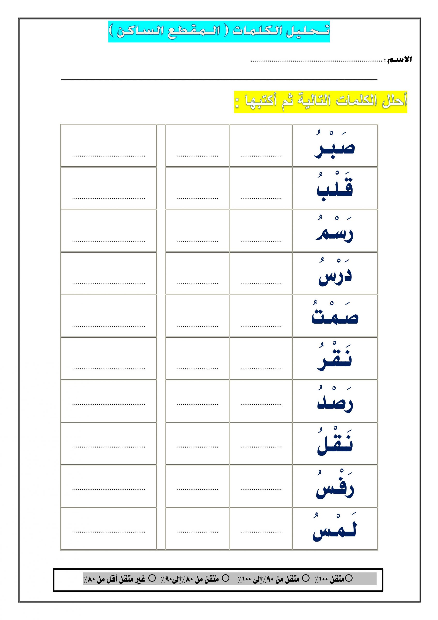 اوراق عمل تحليل الكلمات المقطع الساكن للصف الاول مادة اللغة العربية