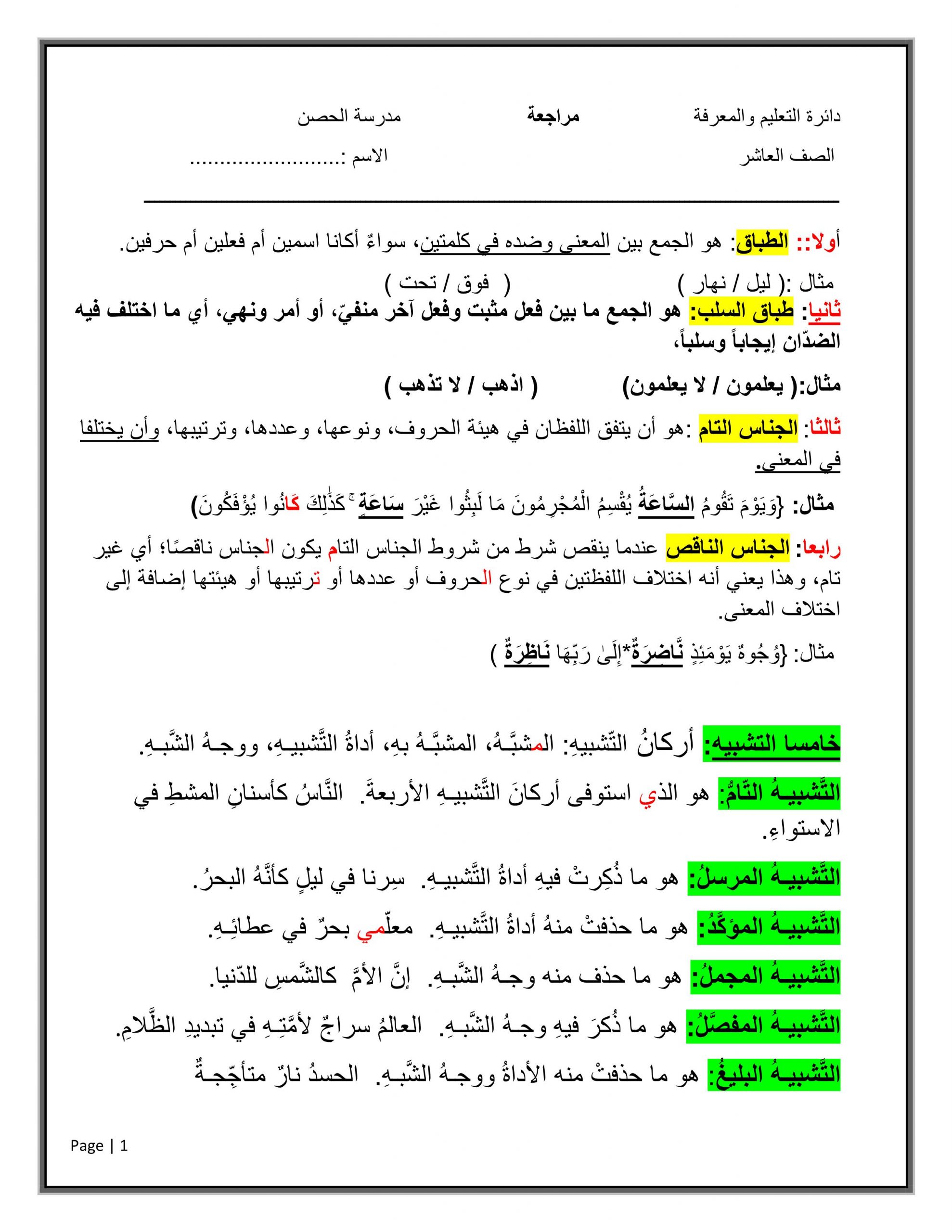 شرح واوراق عمل مراجعة الصف العاشر مادة اللغة العربية