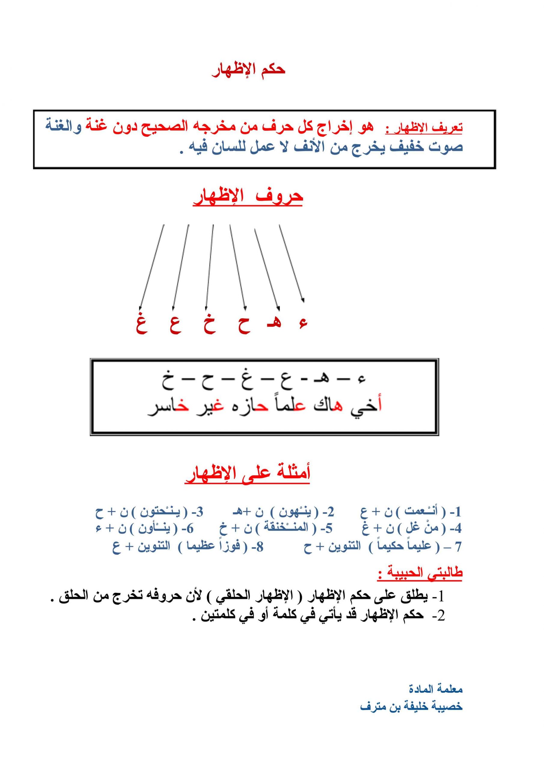 ملخص وشرح حكم الاظهار الصف السادس مادة التربية الاسلامية ملفاتي