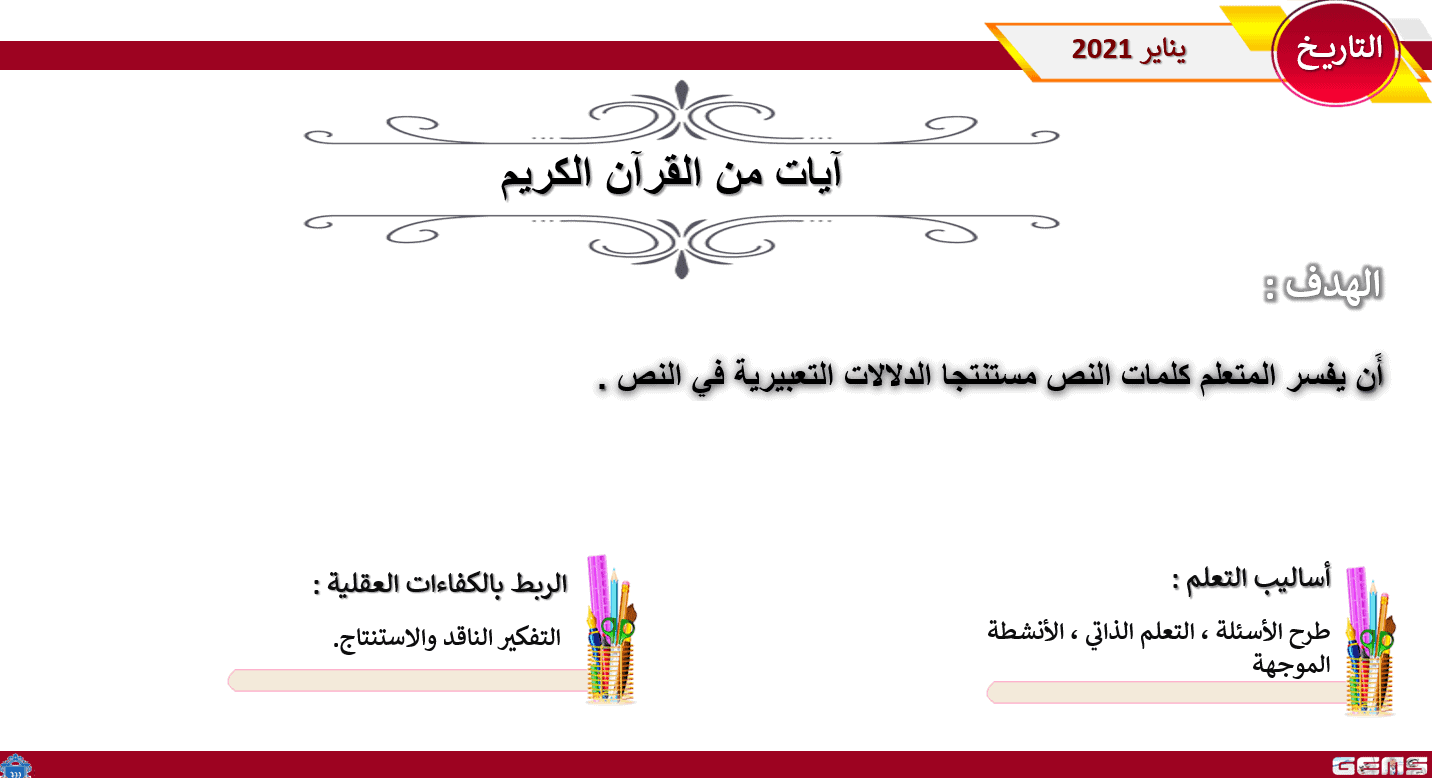 درس آيات من القرآن الكريم الصف السادس مادة اللغة العربية - بوربوينت 