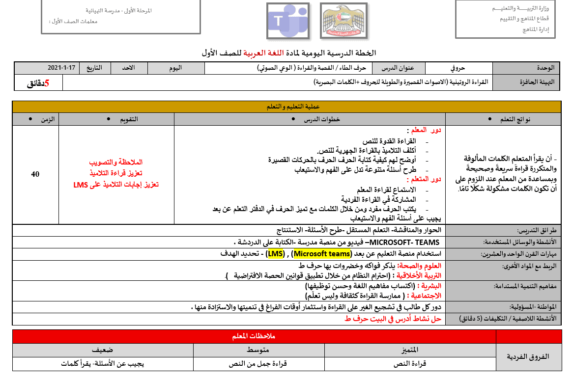 الخطة اليومية الدرسية حرف الطاء والظاء الصف الاول مادة اللغة العربية 