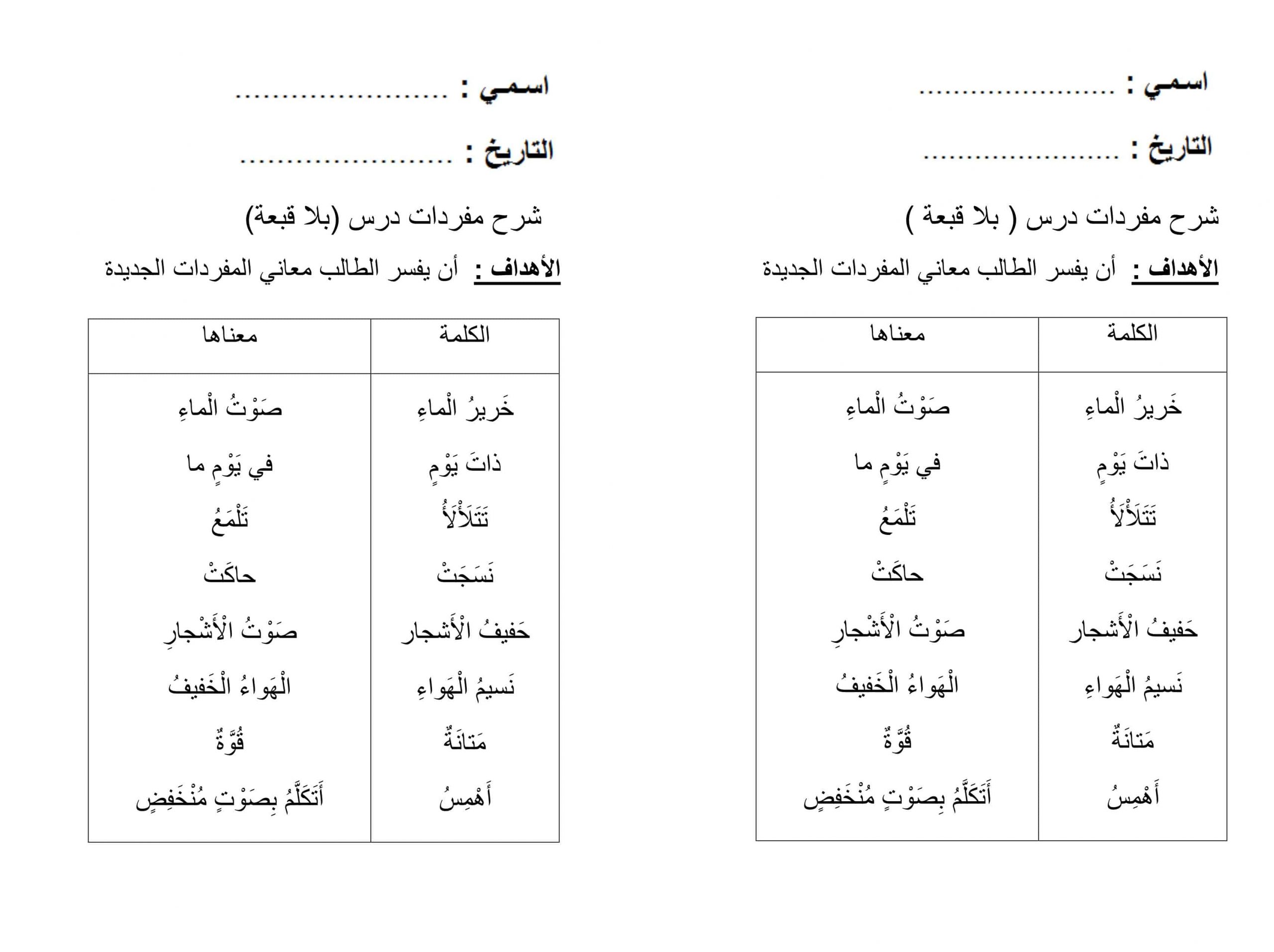 شرح مفردات درس بلا قبعة الصف الثاني مادة اللغة العربية