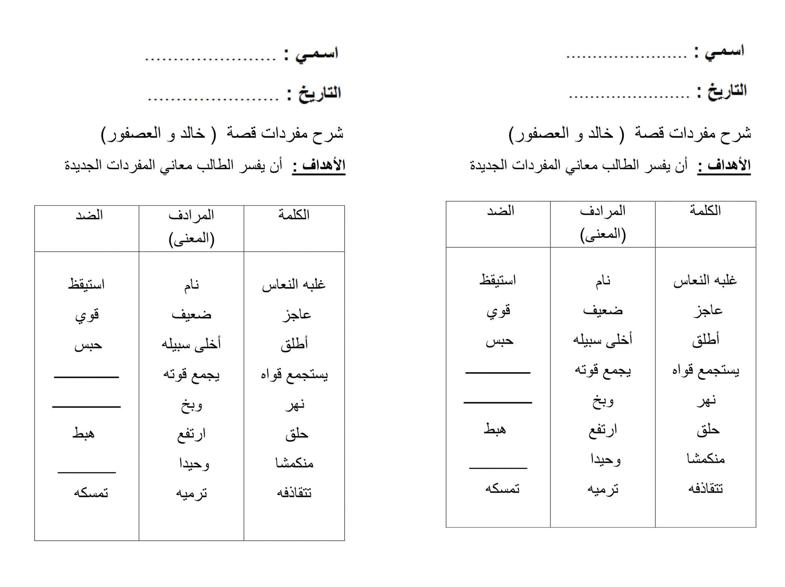 شرح مفردات درس خالد والعصفور الصف الثاني مادة اللغة العربية 