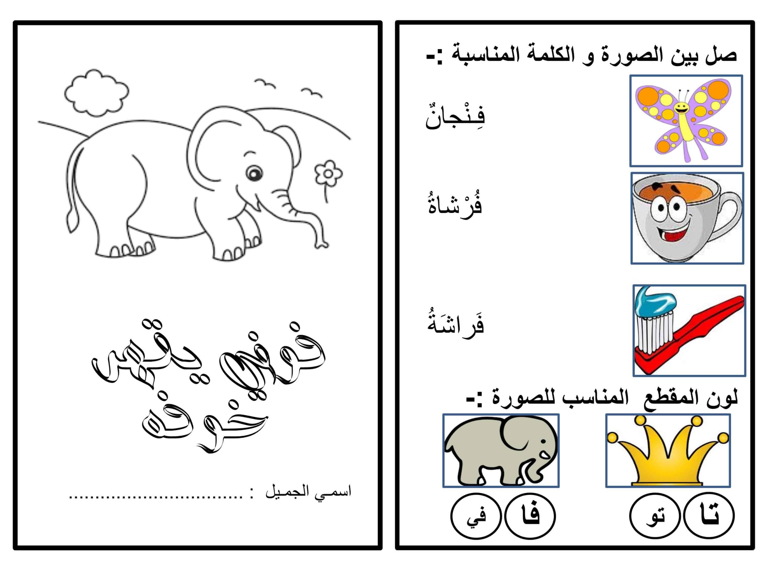 ورقة عمل و تدريبات حرف الفاء للصف الاول مادة اللغة العربية