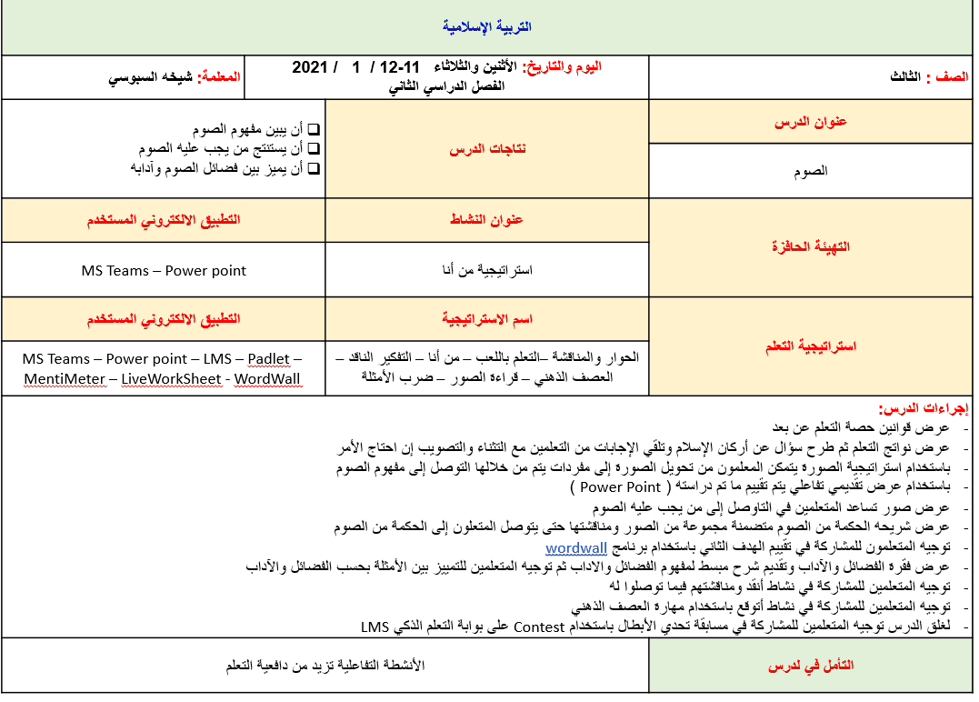 الخطة الدرسية اليومية الصوم الصف الثالث مادة التربية الاسلامية - بوربوينت