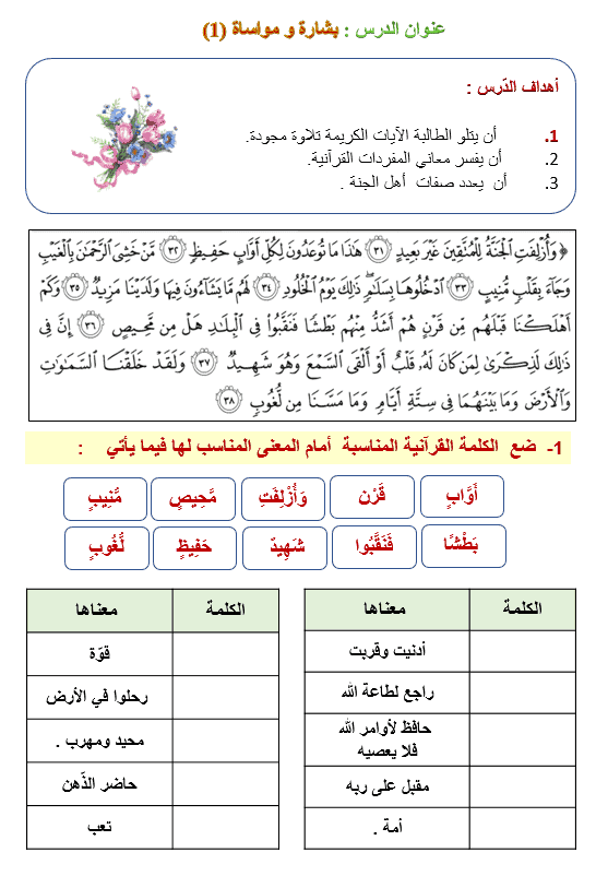 ورقة عمل درس بشارة ومساواة الصف السابع مادة التربية الإسلامية - بوربوينت 