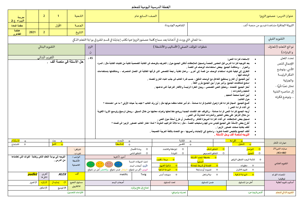 الخطة الدرسية اليومية عصفور الزيبرا الصف السابع مادة اللغة العربية