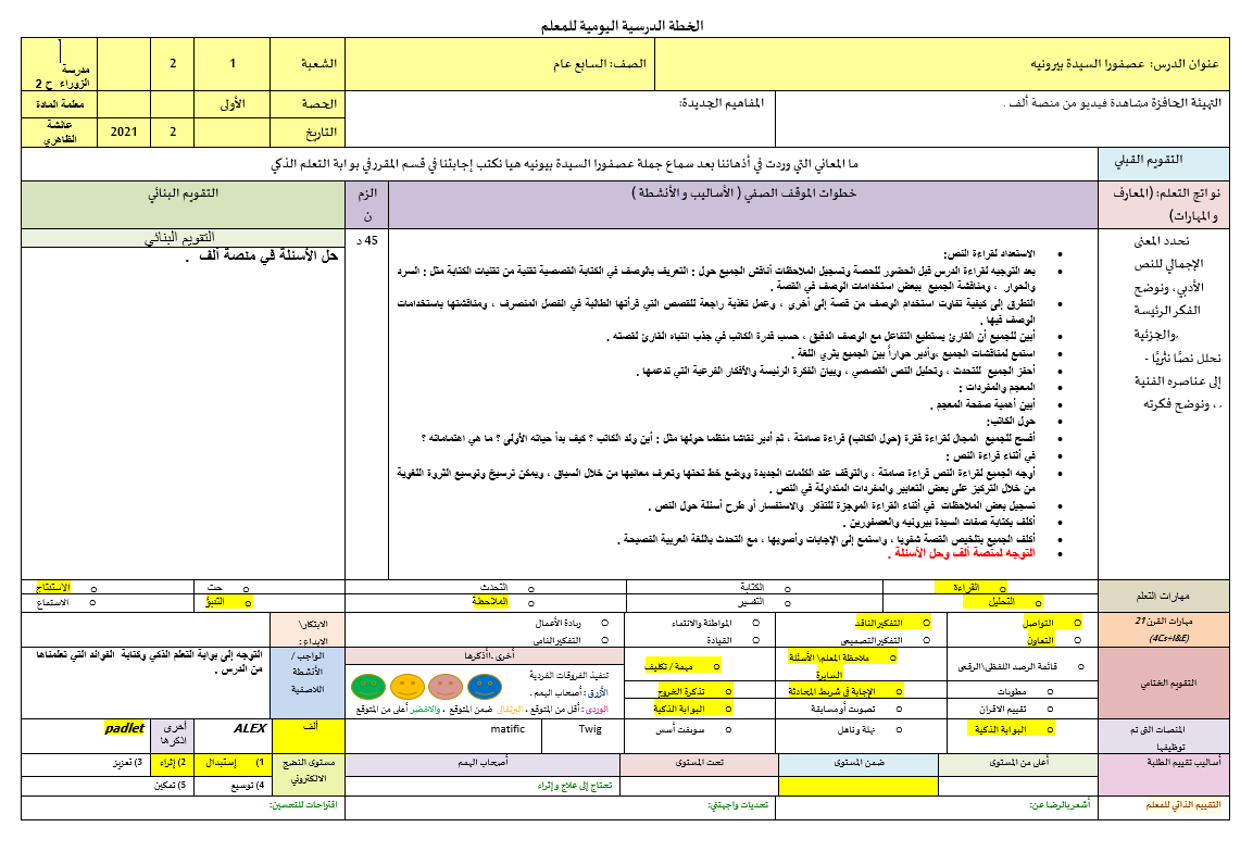 الخطة الدرسية اليومية عصفورا السيدة بيرونيه الصف السابع مادة اللغة العربية