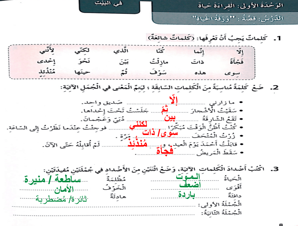 حل كتاب النشاط درس ورقة الحياة الصف الخامس مادة اللغة العربية - بوربوينت 