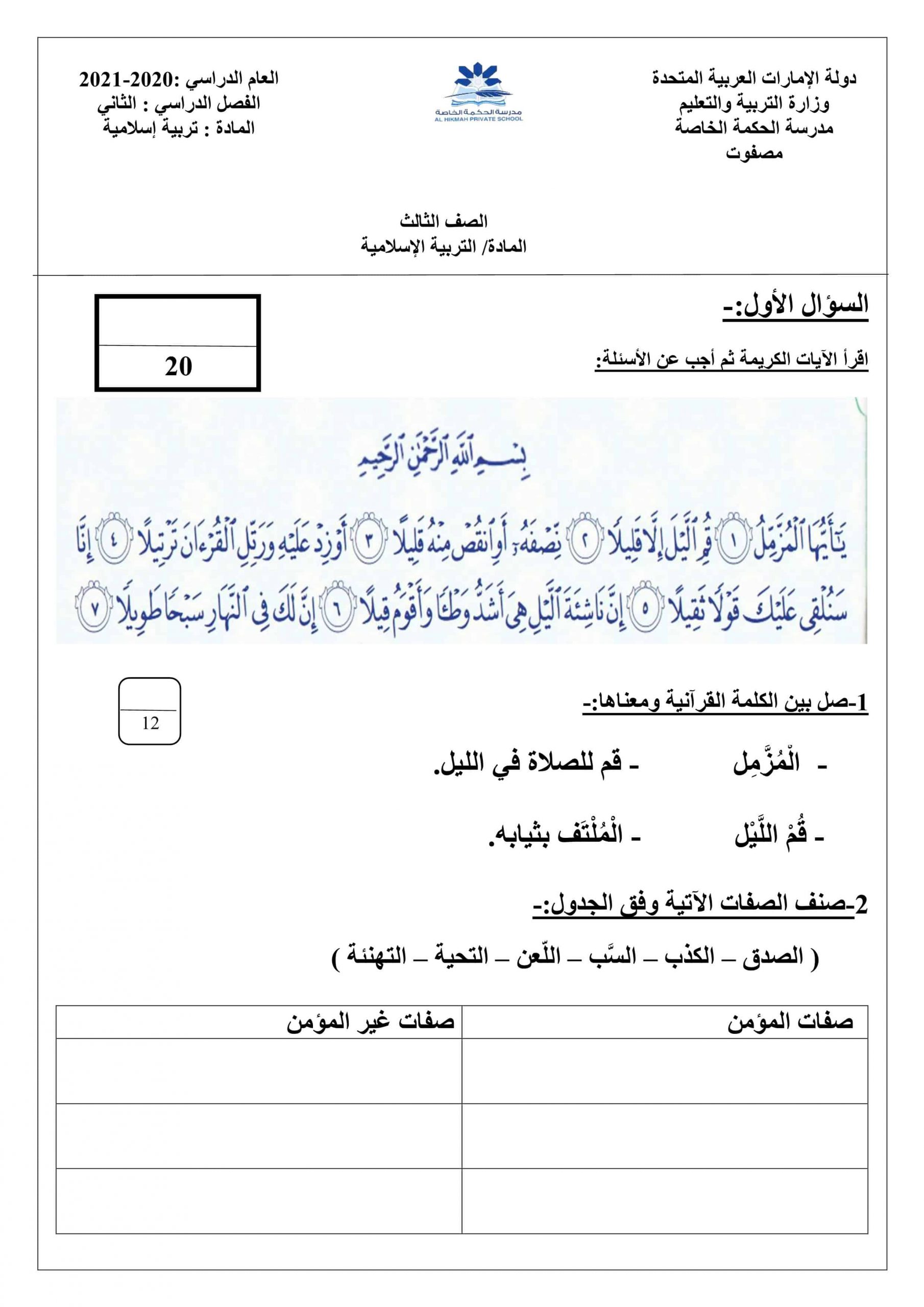 أوراق عمل اختبار الفصل الدراسي الثاني الصف الثالث مادة التربية الإسلامية 