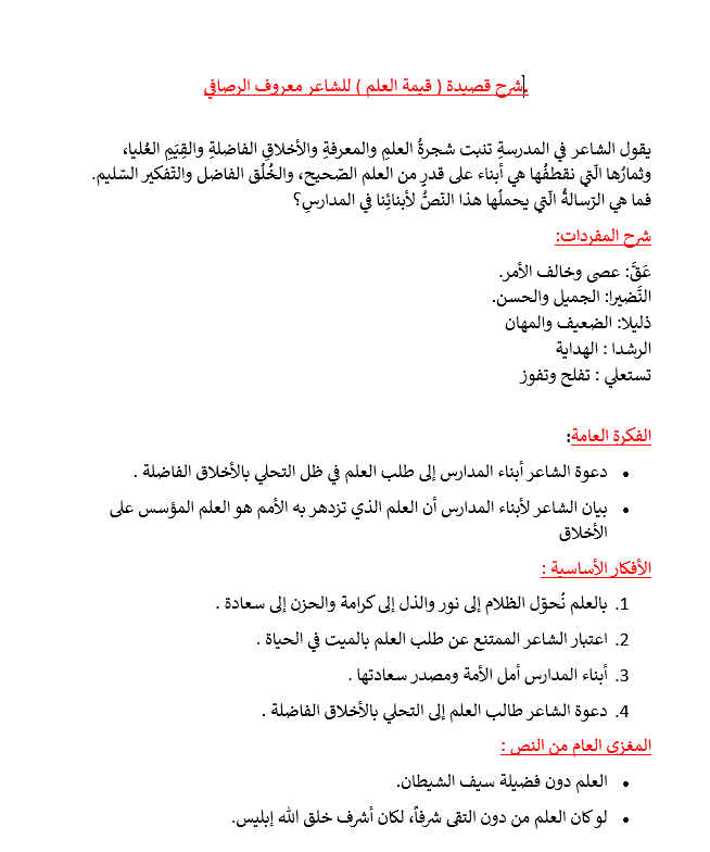 شرح قصيدة قيمة العلم الفصل الدراسي الثاني الصف السادس مادة اللغة العربية 
