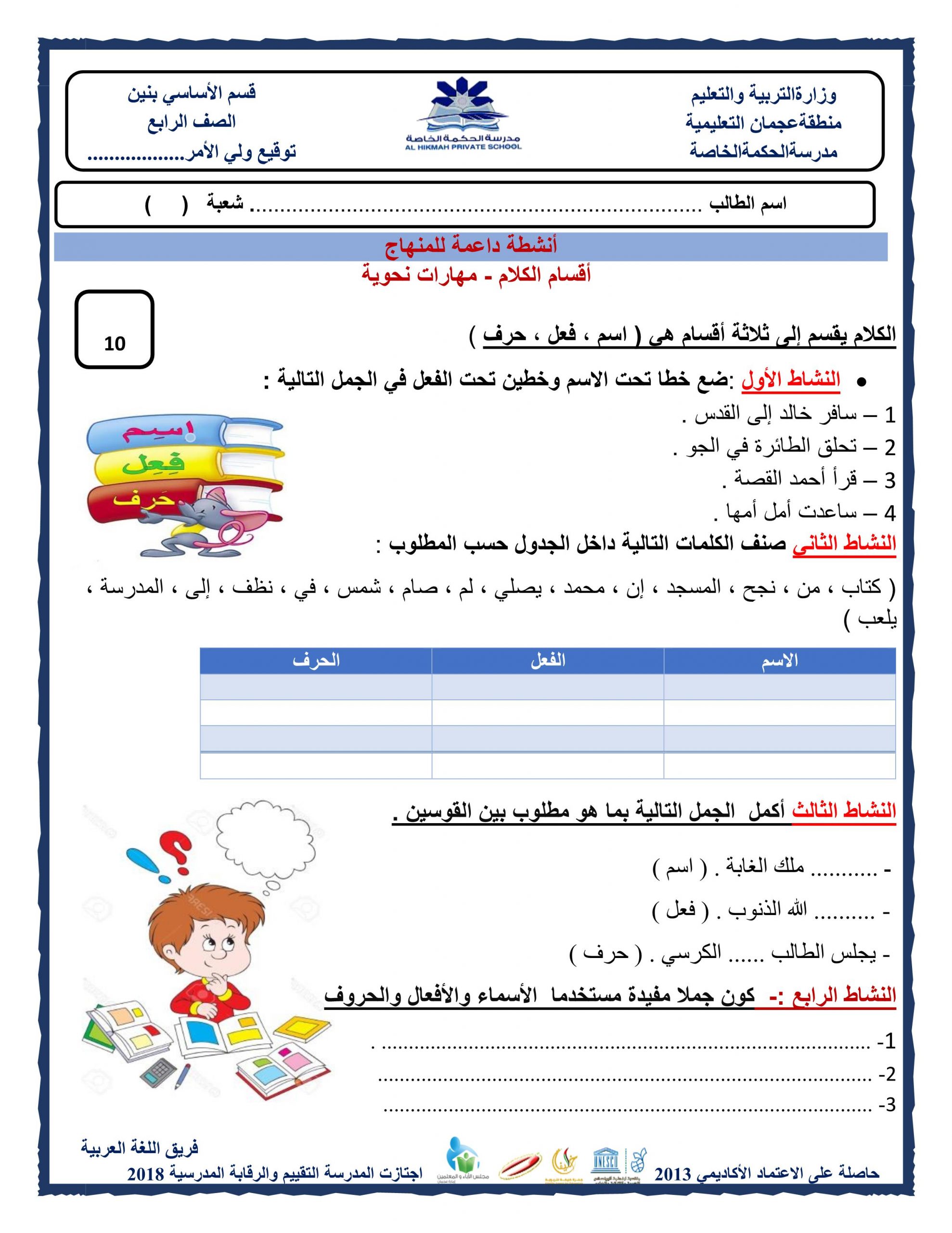 ورقة عمل أقسام الكلام مهارات نحوية الصف الرابع مادة اللغة العربية 