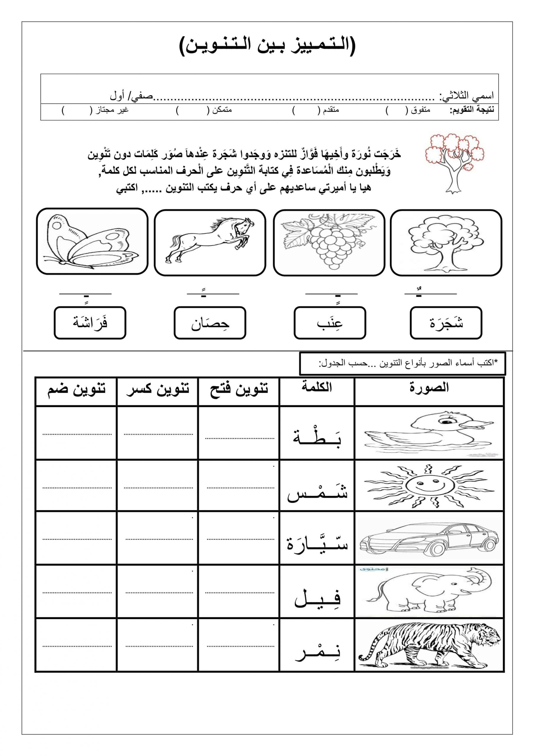 ورقة عمل درس التمييز بين التنوين الصف الأول مادة اللغة العربية 
