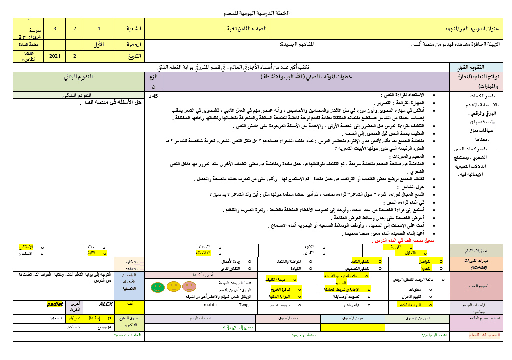 الخطة الدرسية اليومية النهر المتجمد الصف الثامن مادة اللغة العربية 