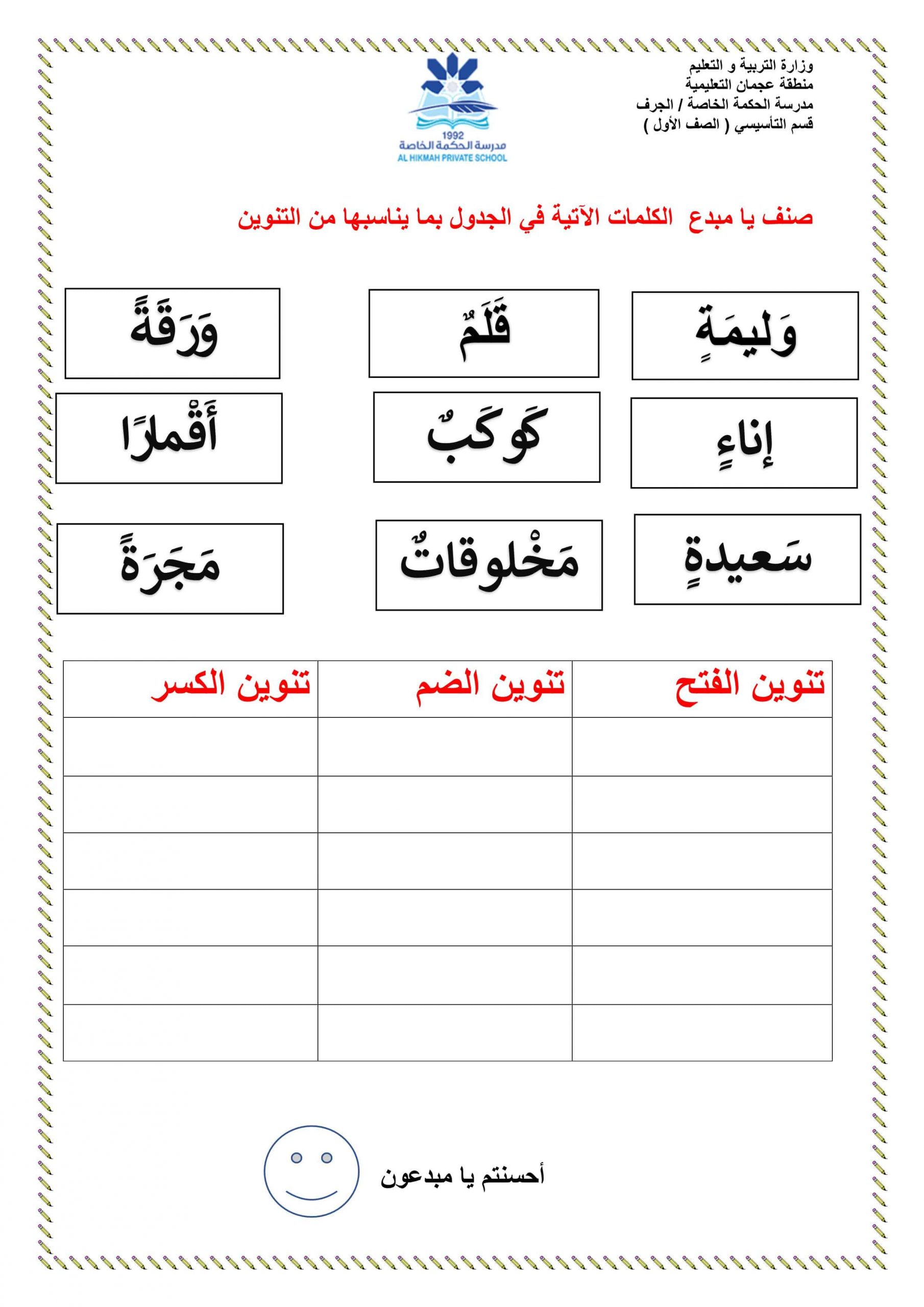 ورقة عمل درس التنوين الفصل الدراسي الثاني الصف الأول مادة اللغة العربية 