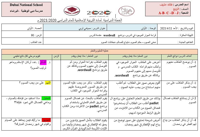 الخطة الدرسية اليومية صيامي لربي الصف الرابع مادة التربية الإسلامية
