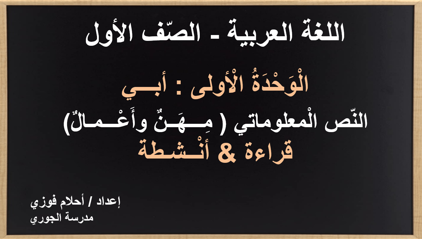 درس مهن وأعمل قراءة وأنشطة الصف الأول مادة اللغة العربية - بوربوينت 