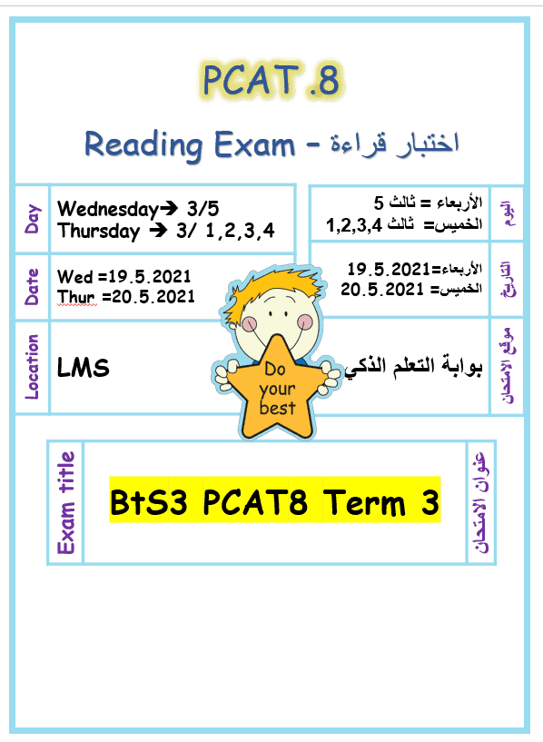 امتحان BtS3 PCAT8 Term 3 الصف الثالث مادة اللغة الإنجليزية - بوربوينت 