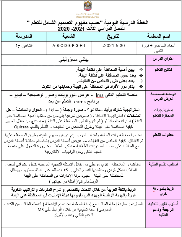 الخطة الدرسية اليومية بيئتي مسؤوليتي الصف الرابع مادة التربية الإسلامية - بوربوينت