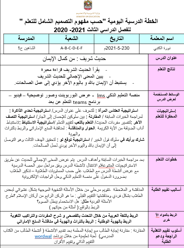 الخطة الدرسية اليومية من كمال الإيمان الصف الرابع مادة التربية الإسلامية - بوربوينت