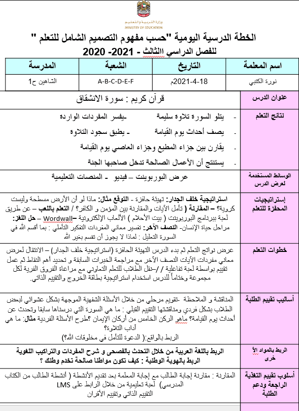 الخطة الدرسية اليومية سورة الإنشقاق الصف الرابع مادة التربية الإسلامية - بوربوينت