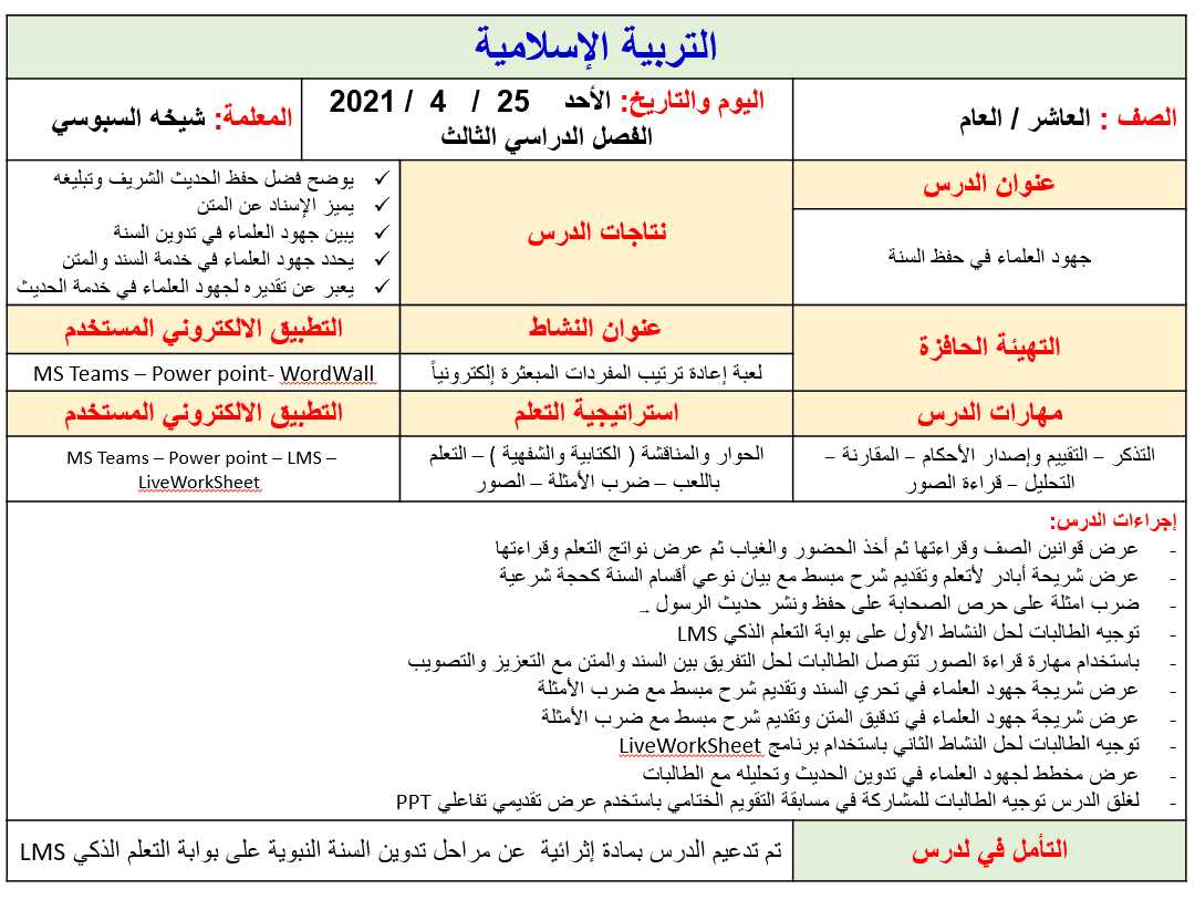 الخطة الدرسية اليومية جهود العلماء في حفظ السنة الصف العاشر مادة التربية الإسلامية - بوربوينت