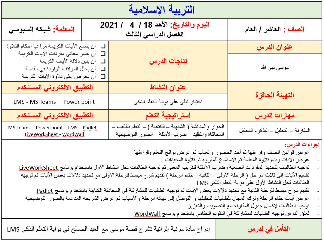 الخطة الدرسية اليومية موسى نبي الله الصف العاشر مادة التربية الإسلامية - بوربوينت