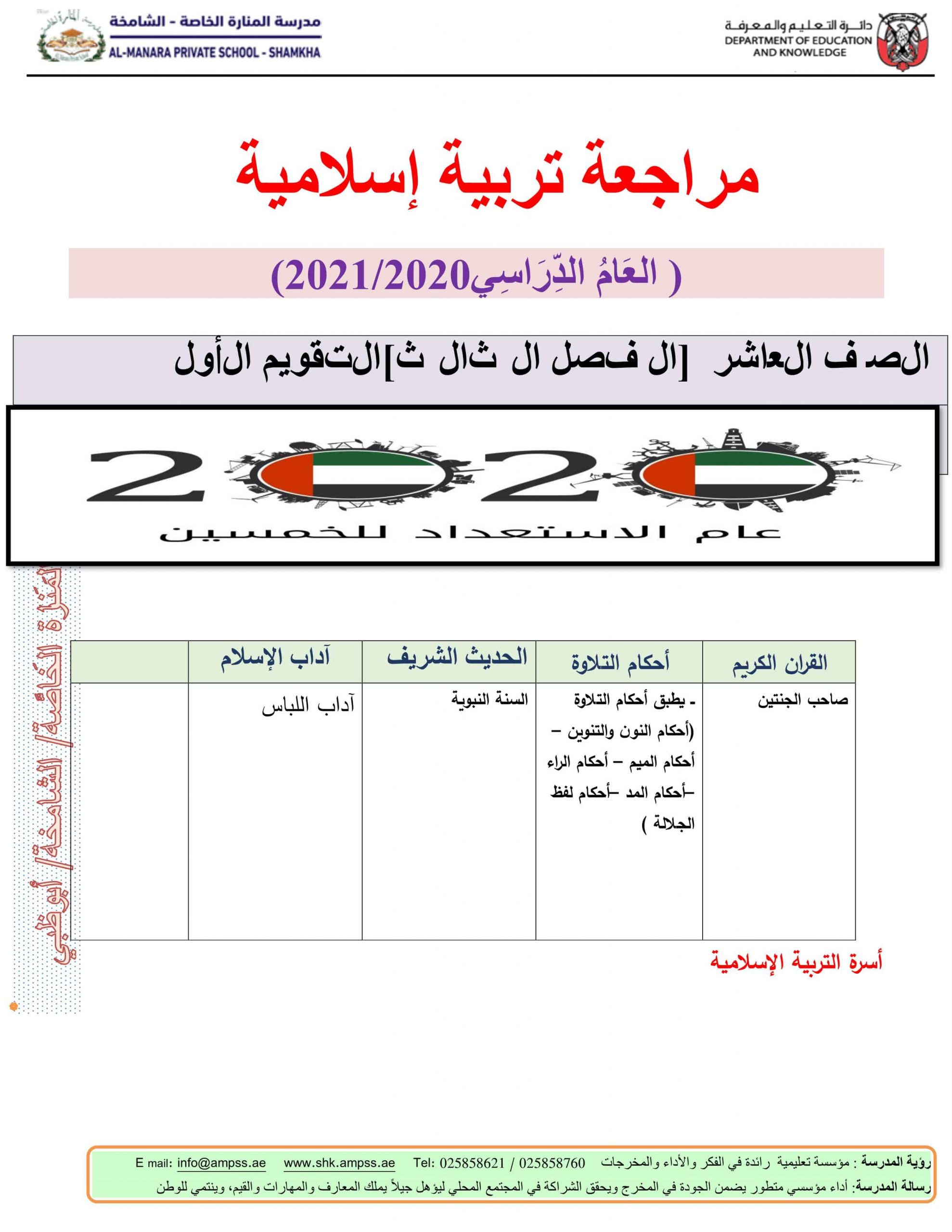 أوراق عمل مراجعة شاملة الصف العاشر مادة التربية الإسلامية