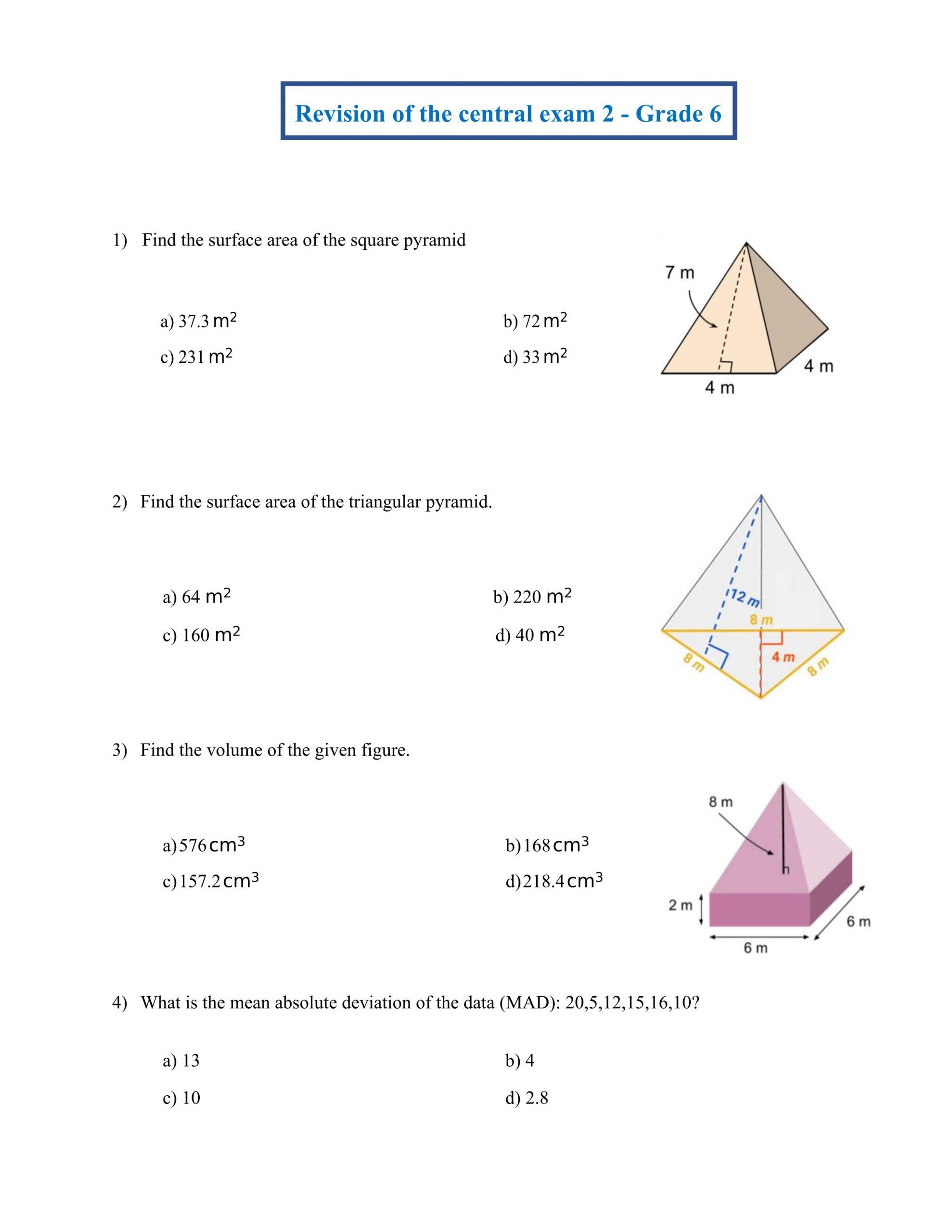 حل أوراق عمل Revision of the central exam 2 بالإنجليزي الصف السادس مادة الرياضيات المتكاملة 