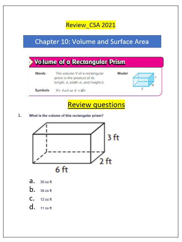 أوراق عمل Chapter 10 Volume and Surface Area بالإنجليزي الصف السادس مادة الرياضيات المتكاملة