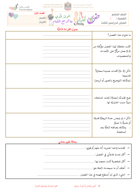 ورقة عمل جدول القراءة الذاتية لرواية الولد الذي عاش مع النعام الصف السابع مادة اللغة العربية 