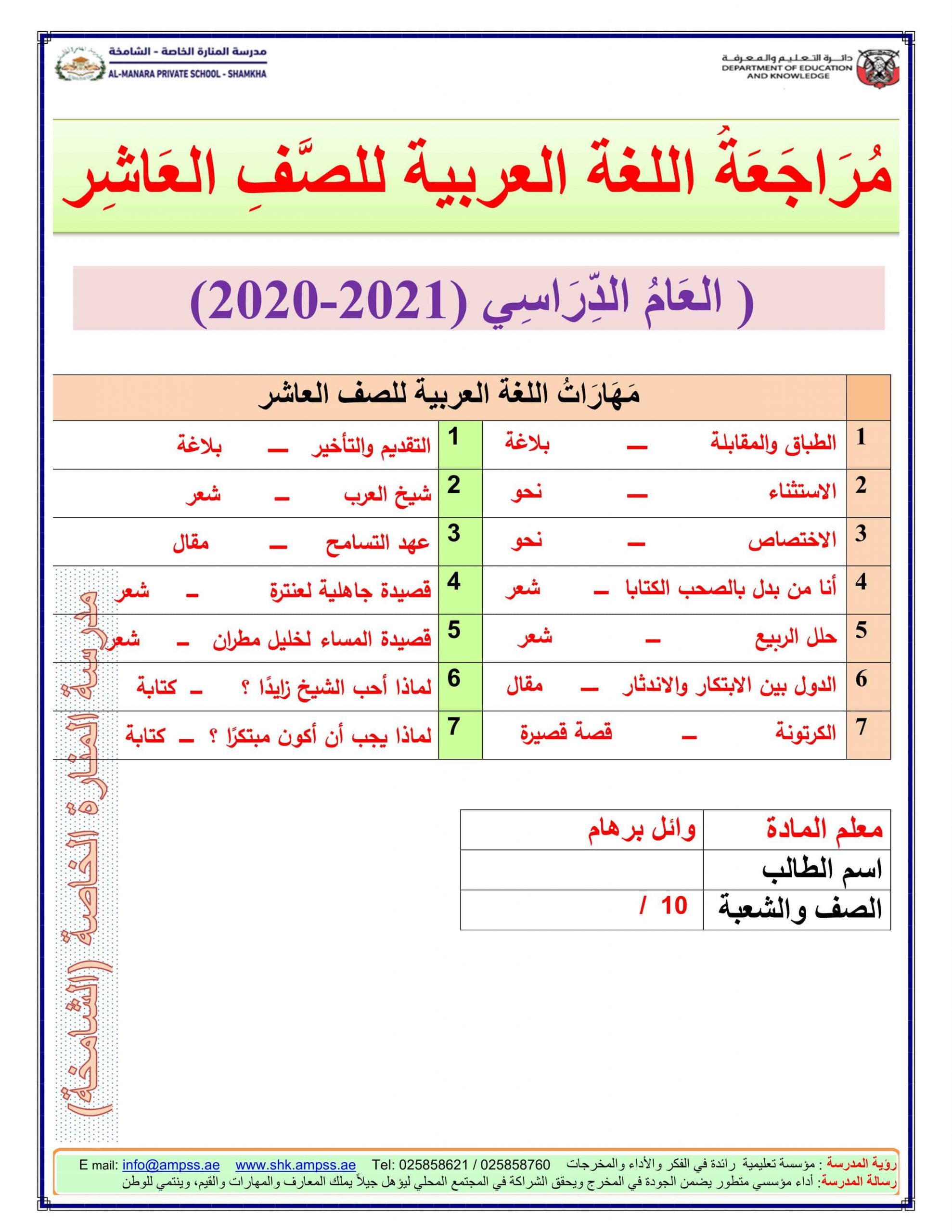 أوراق عمل مراجعة شاملة الفصل الدراسي الثالث الصف العاشر مادة اللغة العربية