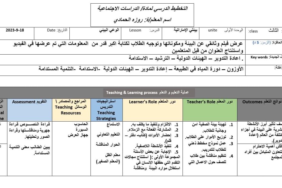 الخطة الدرسية اليومية الوعي البيئي الدراسات الإجتماعية والتربية الوطنية الصف الثالث