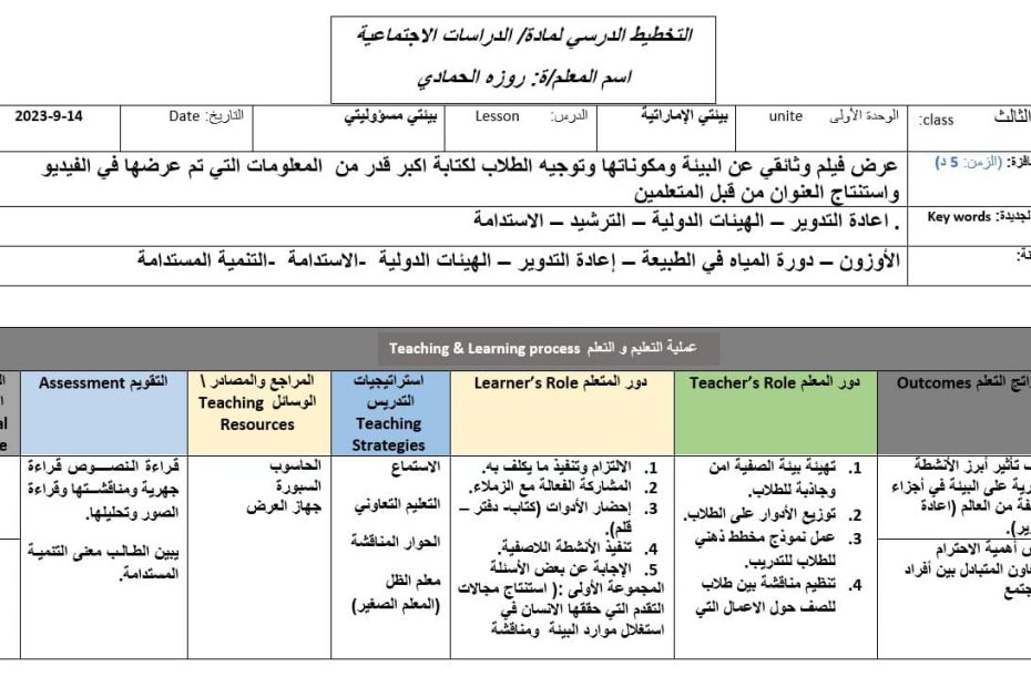 الخطة الدرسية اليومية بيئتي مسؤوليتي الدراسات الإجتماعية والتربية الوطنية الصف الثالث