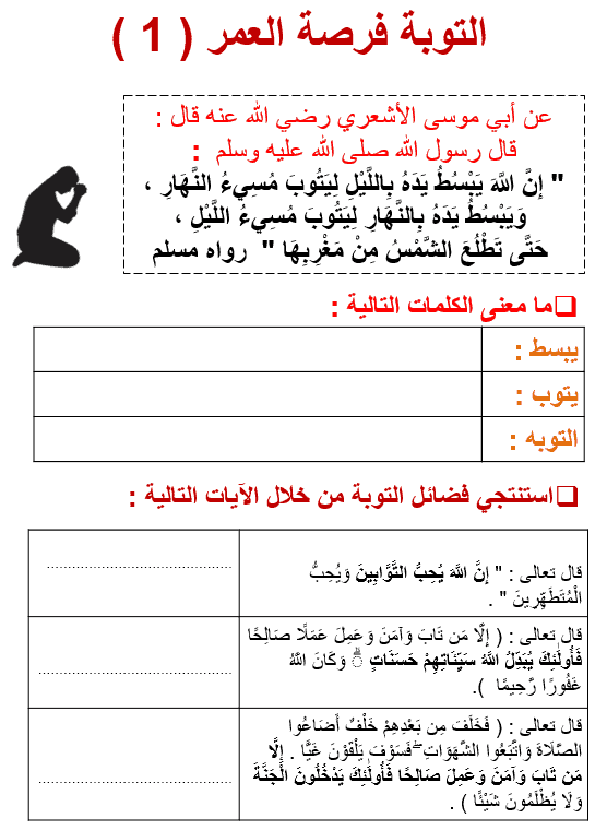 أوراق عمل التوبة فرصة العمر التربية الإسلامية الصف السابع - بوربوينت