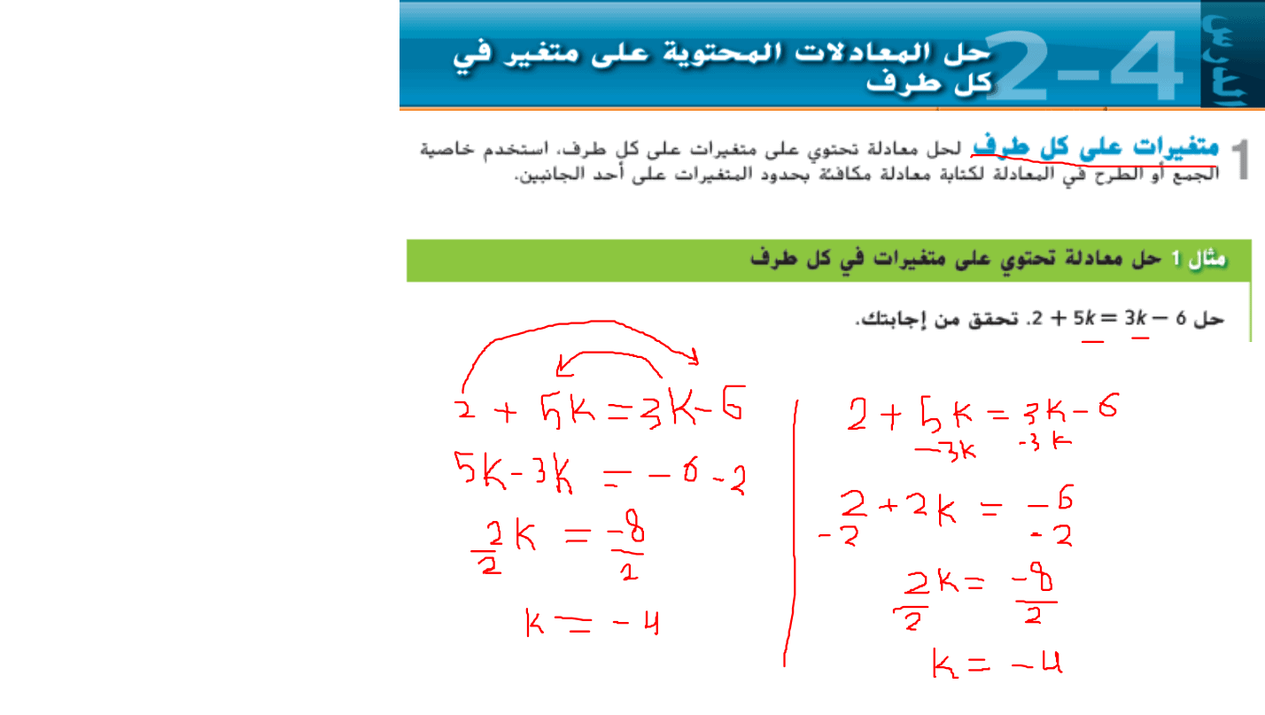 حل درس حل المعادلات المحتوية على متغير في كل طرف الرياضيات المتكاملة الصف التاسع - بوربوينت