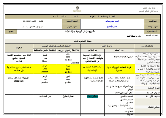 الخطة الدرسية اليومية للإسبوع الخامس اللغة العربية الصف الثالث