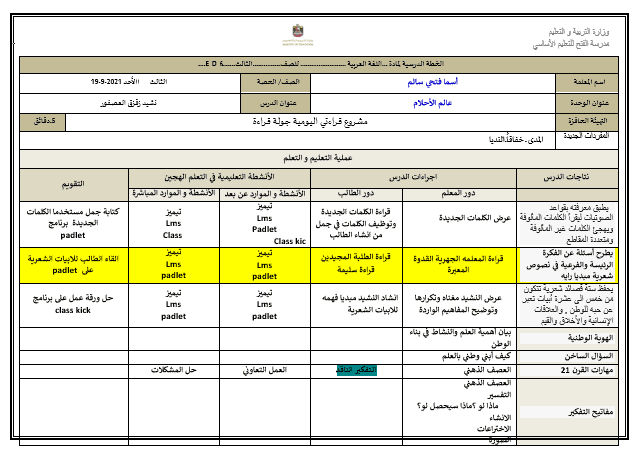 الخطة الدرسية اليومية للإسبوع الرابع اللغة العربية الصف الثالث