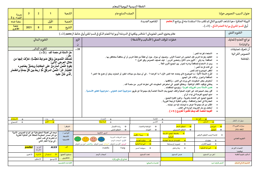 الخطة الدرسية اليومية النصوص حولنا اللغة العربية الصف السابع