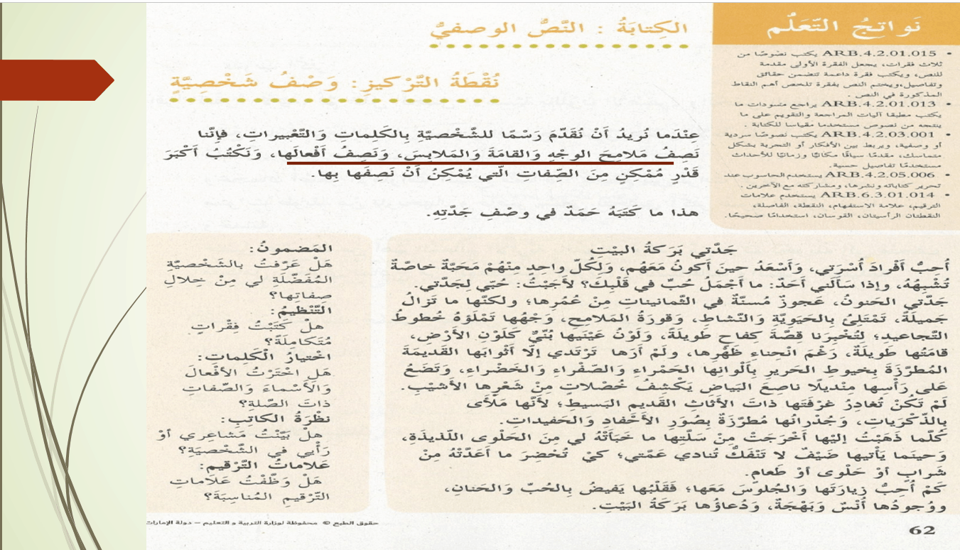 حل درس النص الوصفي وصف شخصية اللغة العربية الصف الرابع - بوربوينت