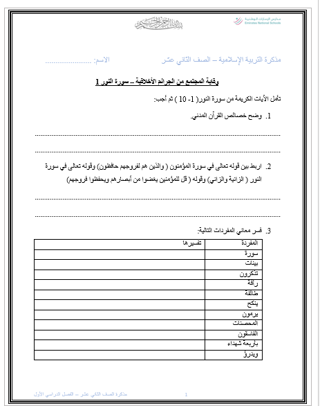 أوراق عمل متنوعة التربية الإسلامية الصف الثاني عشر